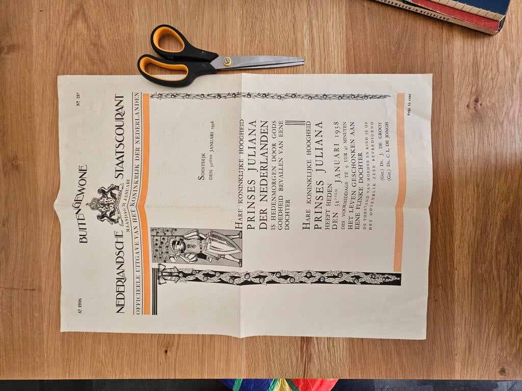 Staats courant 1938 geboorte Prinses Juliana, Ophalen of Verzenden