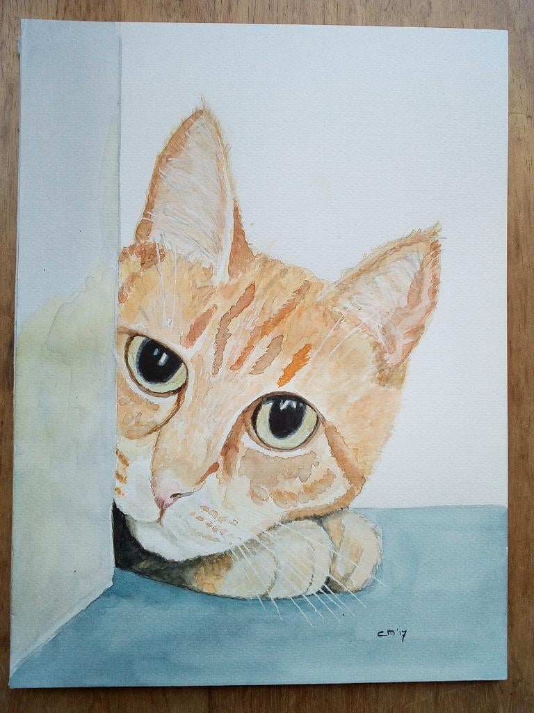 Aquarel Rode Kater, Ophalen, Minder dan 50 cm, Oorspronkelijke maker, Nieuw