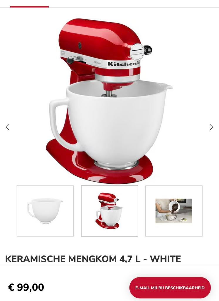 Kitchenaid mengkom 4,7L zgan, Witgoed en Apparatuur, Keukenmixers, 4 liter of meer, Ophalen of Verzenden, Zo goed als nieuw, 3 snelheden of meer