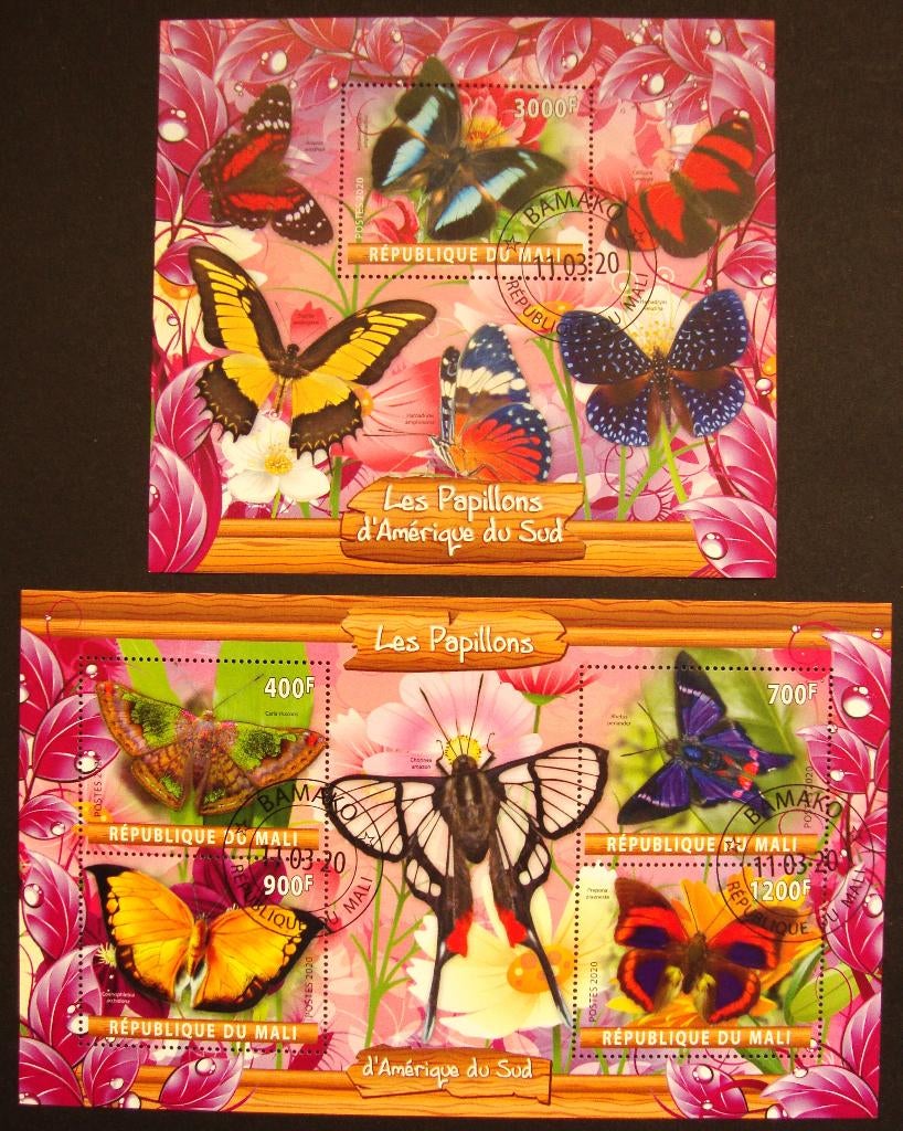 - 731 - 2 Blokken met Vlinders uit Zuid Amerika., Verzenden, Gestempeld, Dier of Natuur