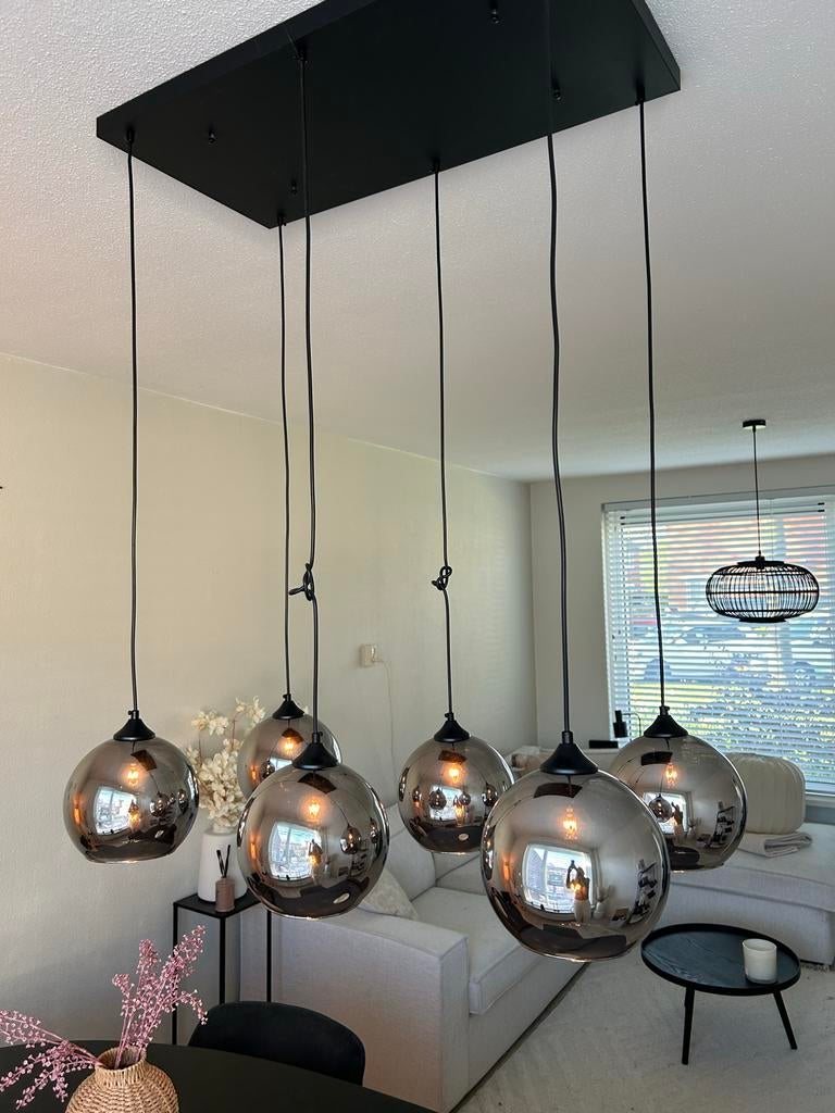 Hanglamp met 6 smoke glazen bollen, Ophalen, Gebruikt, 75 cm of meer, Glas