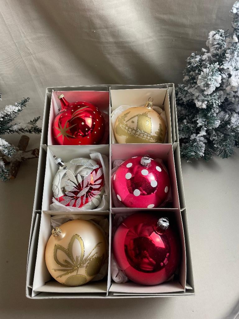 6 grote oude gekleurde kerstballen, Diversen, Kerst, Ophalen of Verzenden, Gebruikt