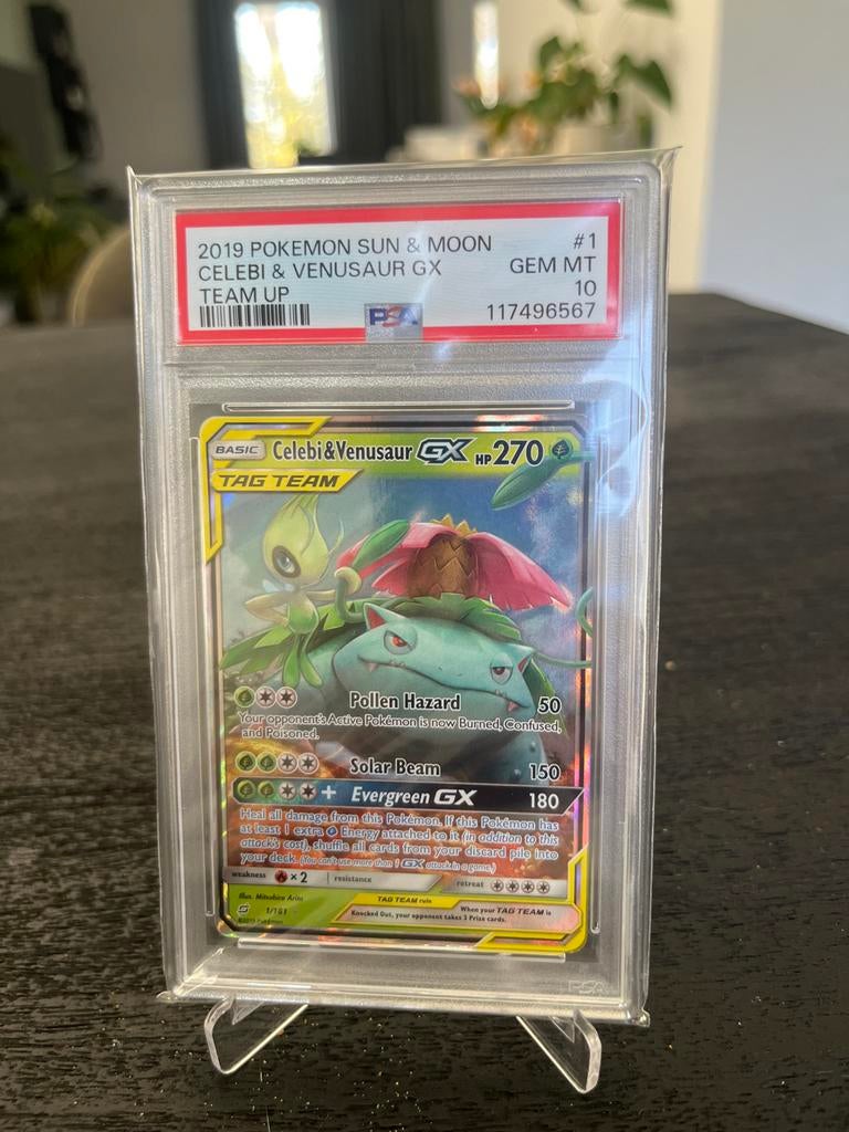 Celebi & Venusaur GX Team Up PSA 10, Ophalen, Zo goed als nieuw, Losse kaart, Foil