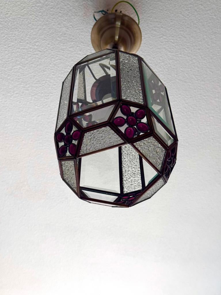 Vintage Tiffany Stijl - Glas in Lood Hanglamp, Gebruikt, Art deco, Amsterdamse school, Ophalen of Verzenden, Glas