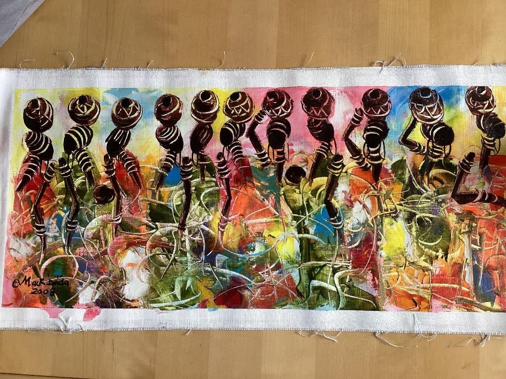 Vrolijk schilderij,gemengde techniek van Mack Daïda, Afrika, Oorspronkelijke maker, Ophalen of Verzenden, Zo goed als nieuw, Schilderij