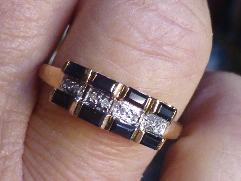 14 kt Gouden Ring 8 Diamantjes + 8 Saffieren/ gesigneerd, 18 tot 19, Verzenden, Zo goed als nieuw, Met edelsteen