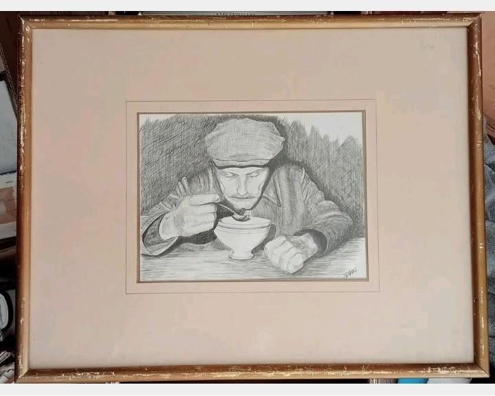 Medard Tytgat originele tekening etende man, Ophalen of Verzenden