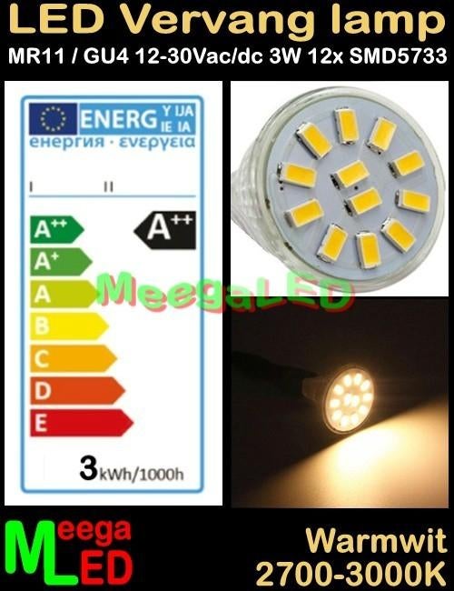 LED MR11 GU4 LEDspot LEDlamp 3W - 12SMD5733 - Warmwit, 30 tot 60 watt, Led-lamp, Nieuw, Bipin of Steekvoet