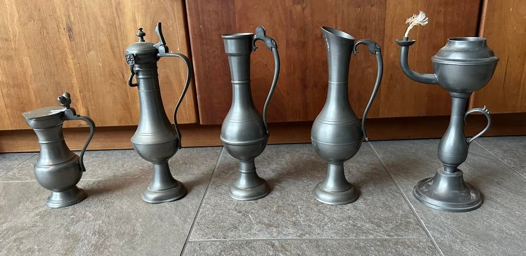 Set Tinnen kannetjes en olielampje, Antiek en Kunst, Antiek | Tin, Ophalen of Verzenden