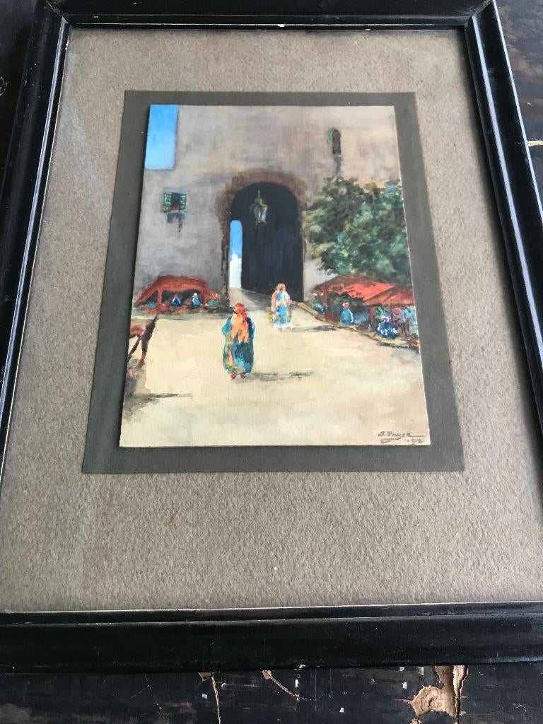 orientaals aquarel stadsgezicht poort, Antiek en Kunst, Kunst | Schilderijen | Klassiek, Ophalen of Verzenden