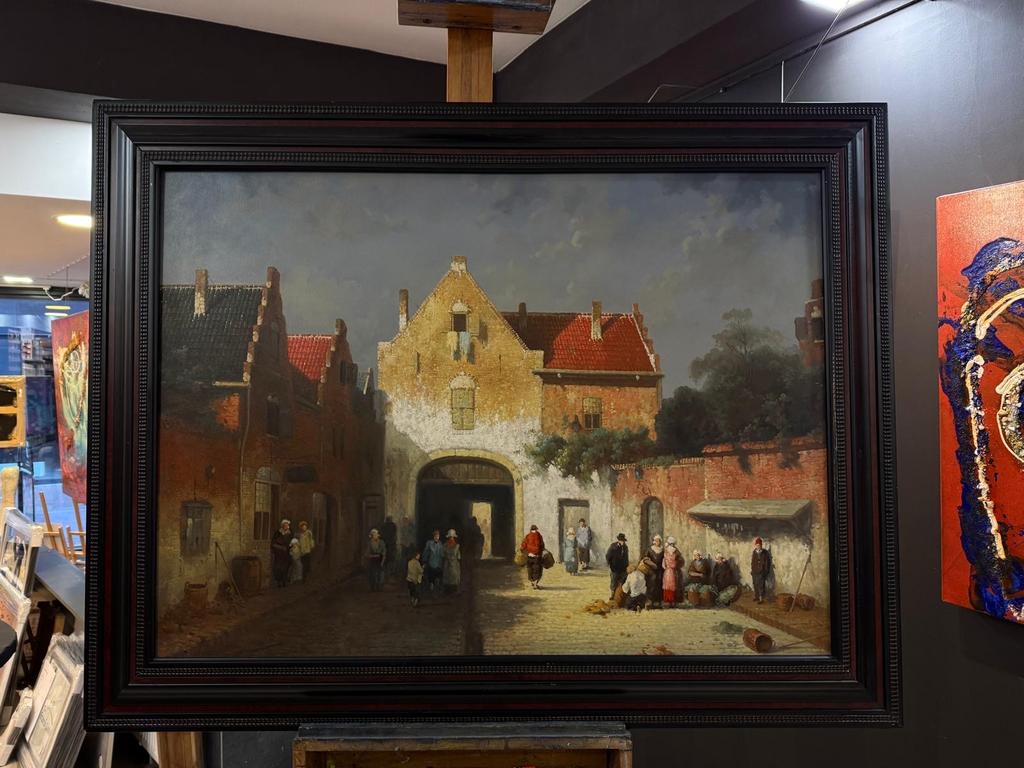 Leickert - De Oude Poort (Markt, Amsterdam), Antiek en Kunst, Kunst | Schilderijen | Klassiek, Ophalen of Verzenden