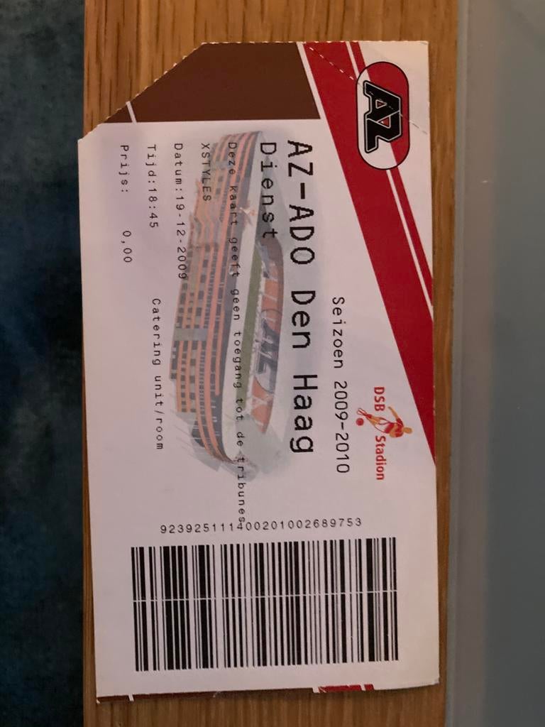 TICKET AZ-ADO DEN HAAG 09-10, Ophalen of Verzenden, Gebruikt, Overige binnenlandse clubs, Overige typen