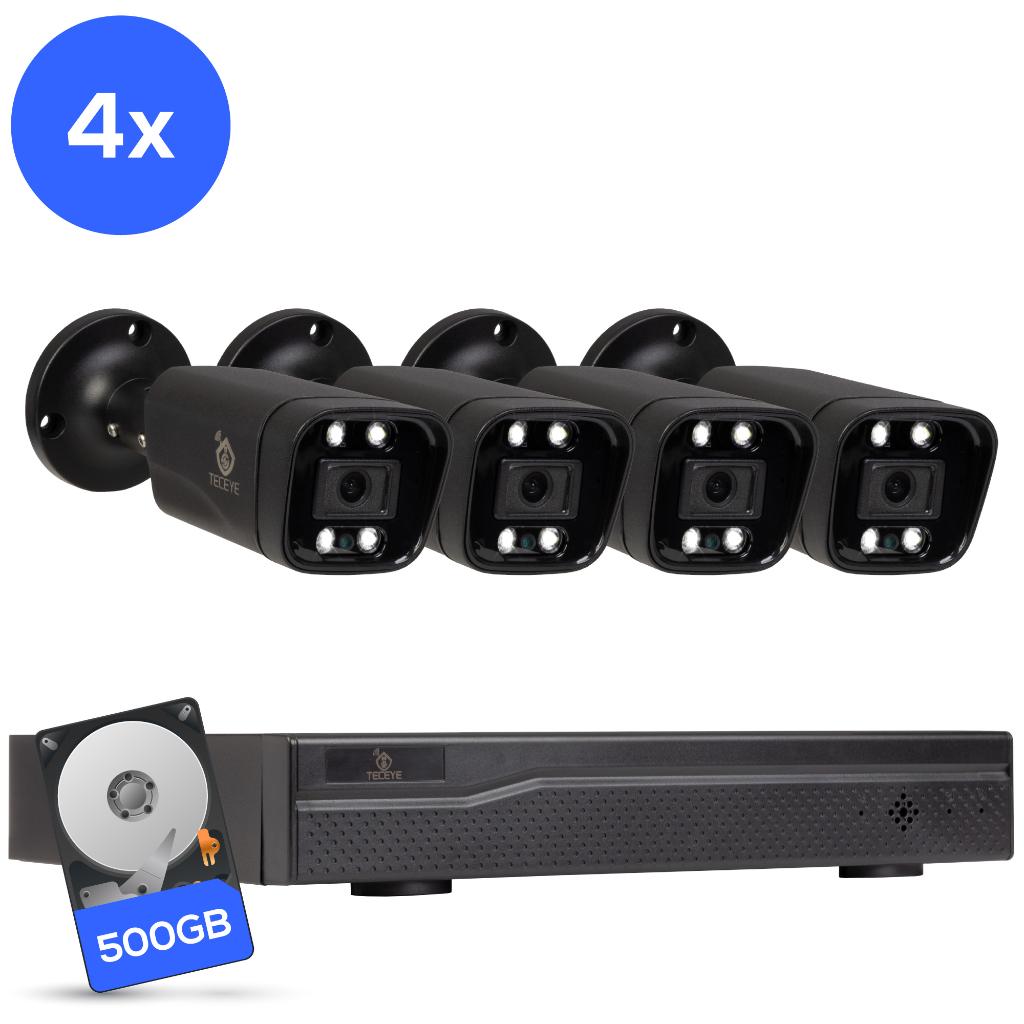 Teceye PoE cameraset 4 stuks met 500GB recorder Zwart CCTV, Ophalen of Verzenden