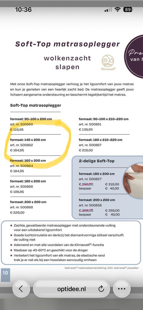 Soft topper optidee 140x200, Wit, Overige typen, Tweepersoons, Ophalen of Verzenden