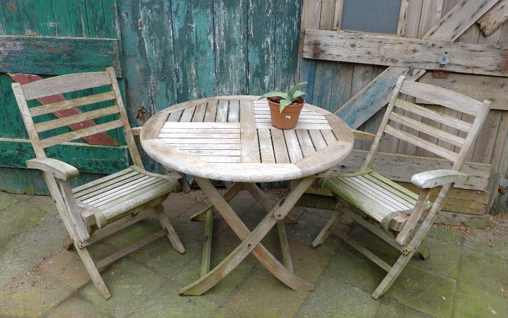 mooie ronde opklapbare teak tuintafeltje met 2 stoelen, Gebruikt, Onbekend, Onbekend, Tuinset