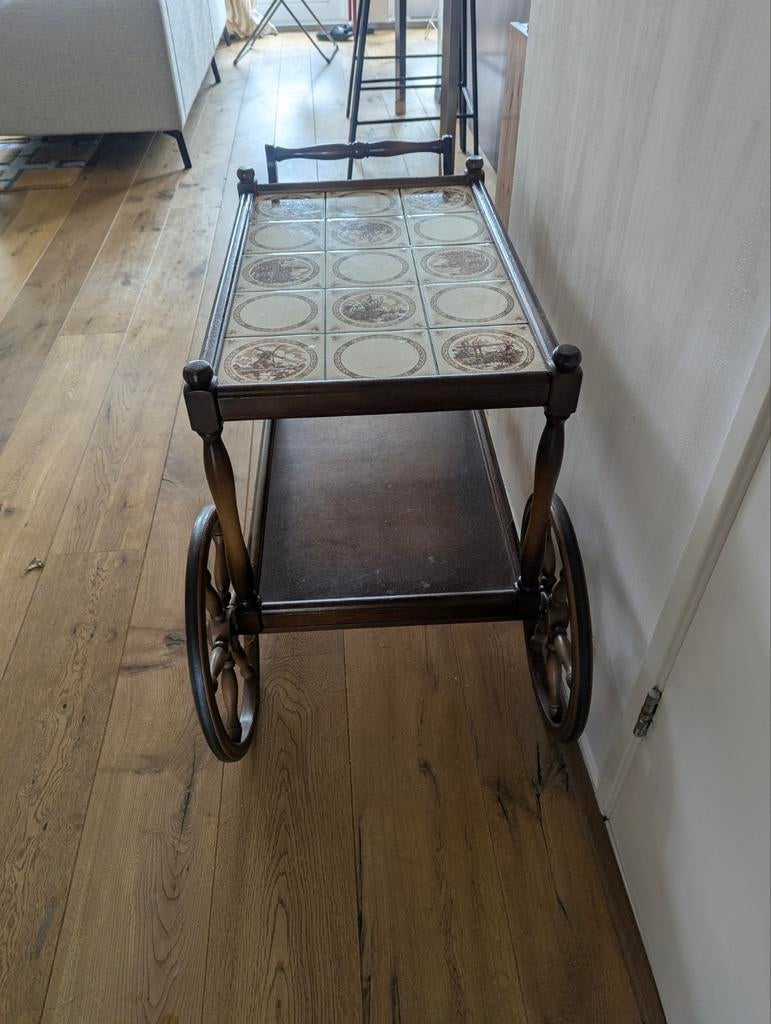 Vintage eikenhouten theewagen met tegels, Antiek en Kunst, Antiek | Meubels | Tafels, Ophalen of Verzenden