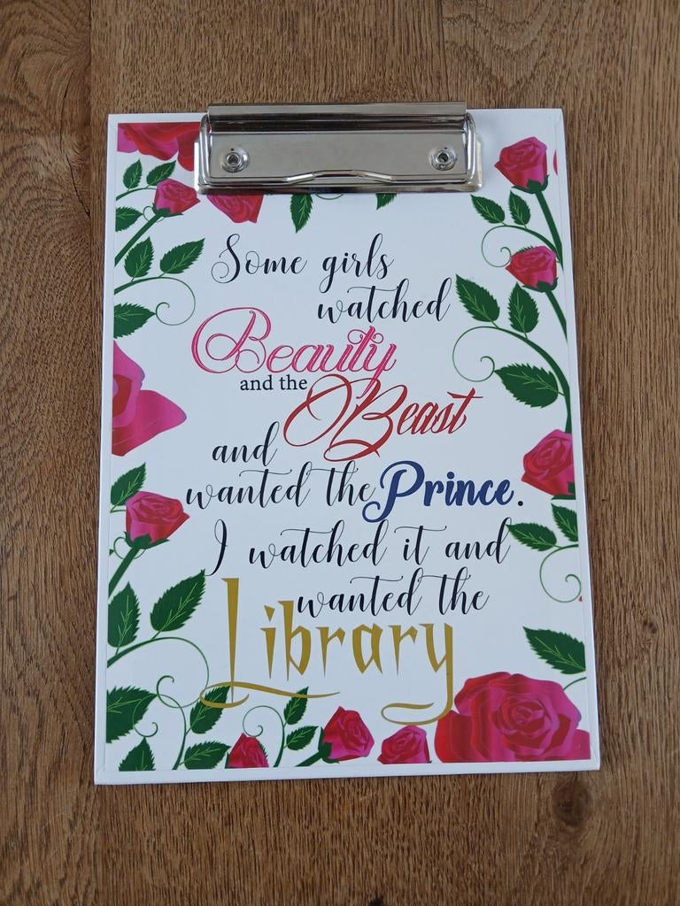 Clipbord belle met tekst over beast prince library, Ophalen of Verzenden