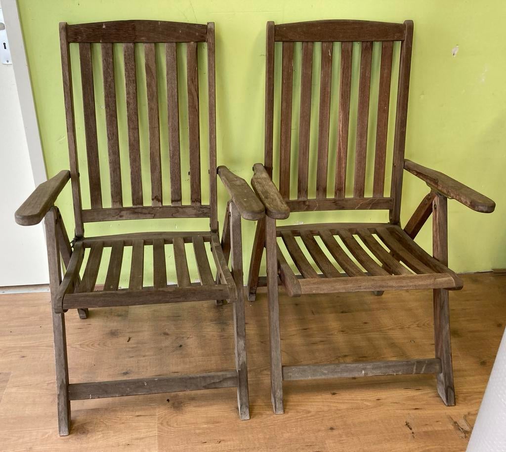 2 Opvouwbare en Verstelbare Houten Tuinstoelen, Ophalen, Gebruikt, Hout, Inklapbaar
