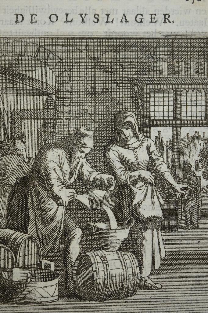 gravure de olie verkoper vult een ton Luyken, 18e eeuw, Verzenden