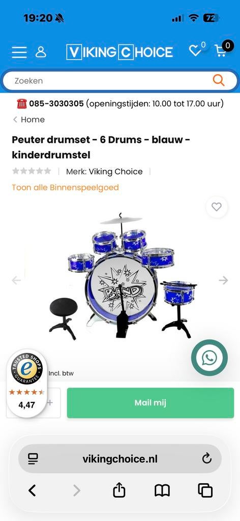 Peuter drumset - 6 Drums - blauw - kinderdrumstel, Ophalen, Gebruikt, Overige merken