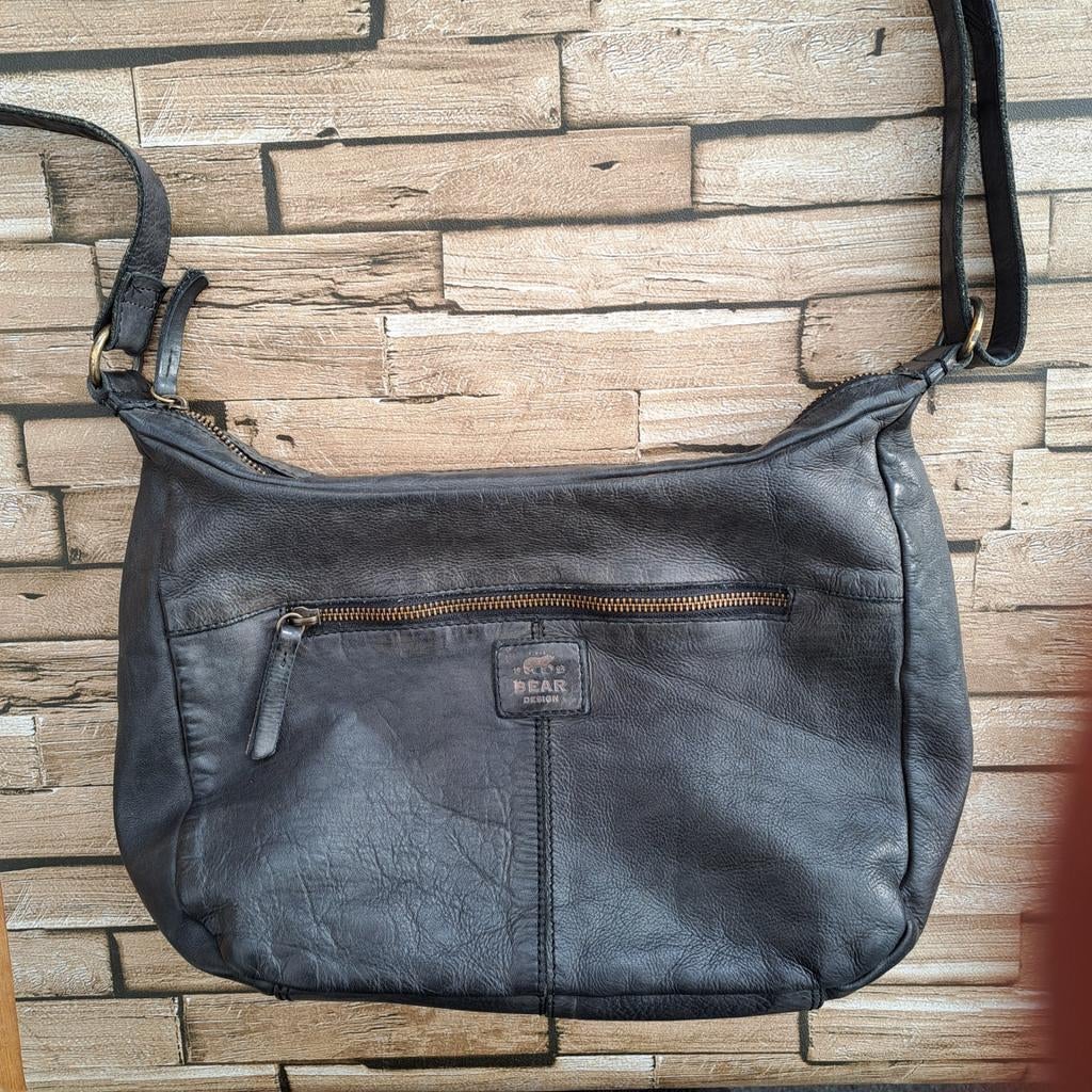 Bear Design - antraciet leren schoudertas, Sieraden, Tassen en Uiterlijk, Tassen | Schoudertassen, Overige merken, Verzenden, Zo goed als nieuw