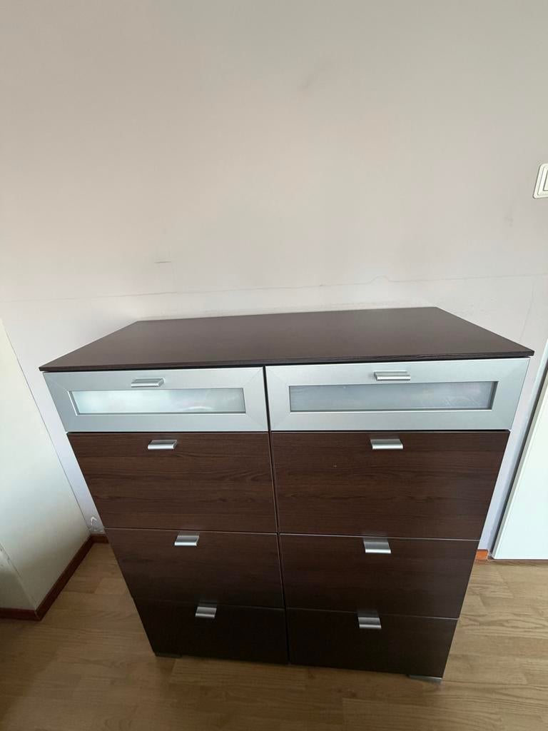 Ladekast met glazen bovenladen, Huis en Inrichting, Kasten | Ladekasten, Gebruikt, 100 tot 150 cm, 50 tot 100 cm, 25 tot 50 cm