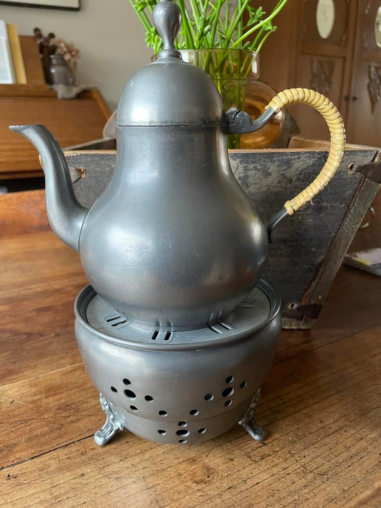 Antieke tinnen theepot met warm houder, Antiek en Kunst, Ophalen of Verzenden