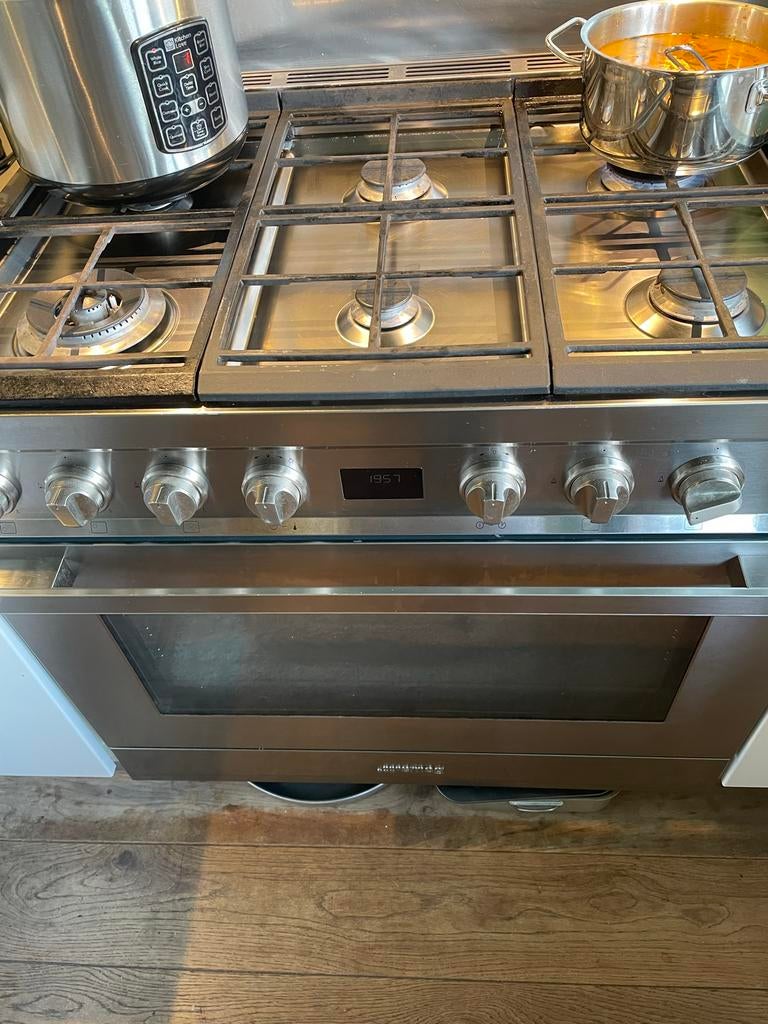 Smeg Fornuis 90cm met Gas Kookplaat 6 pits en Oven - RVS, Ophalen, Gebruikt, Hete lucht, 60 cm of meer