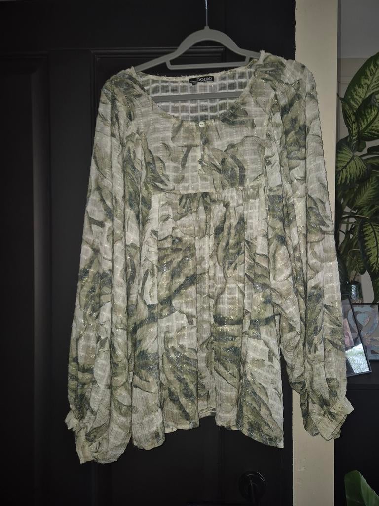 Norah Blouse Maat 42 Wit/Groen/Zilver met Ballonmouwen, Kleding | Dames, Maat 42/44 (L), Ophalen of Verzenden, Zo goed als nieuw