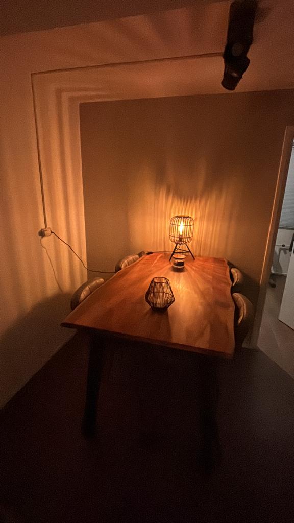 Industriële bar- eettafel met stoelen. Complete set!, Ophalen, Gebruikt, 100 tot 150 cm, 50 tot 100 cm