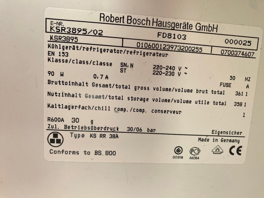 koelkast Bosch vrijstaand  RVS, 200 liter of meer, 45 tot 60 cm, Zonder vriesvak, Gebruikt