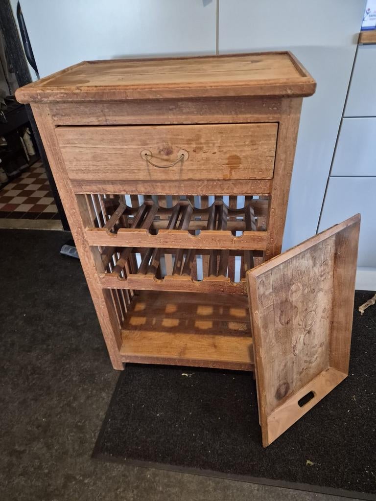 Teakhouten wijnkast met lade en dienblad, Huis en Inrichting, Ophalen