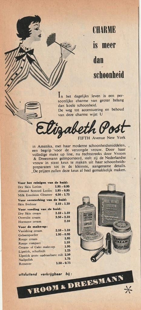 retro reclame 1955 V&D Vroom Dreesman schoonheidsmiddelen, Verzamelen, Retro, Overige typen, Verzenden