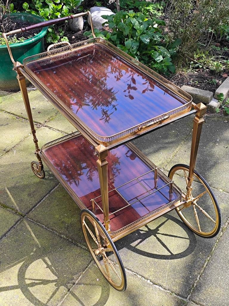Bar Cart met koperen onderstel en mahonie houten bladen, Ophalen