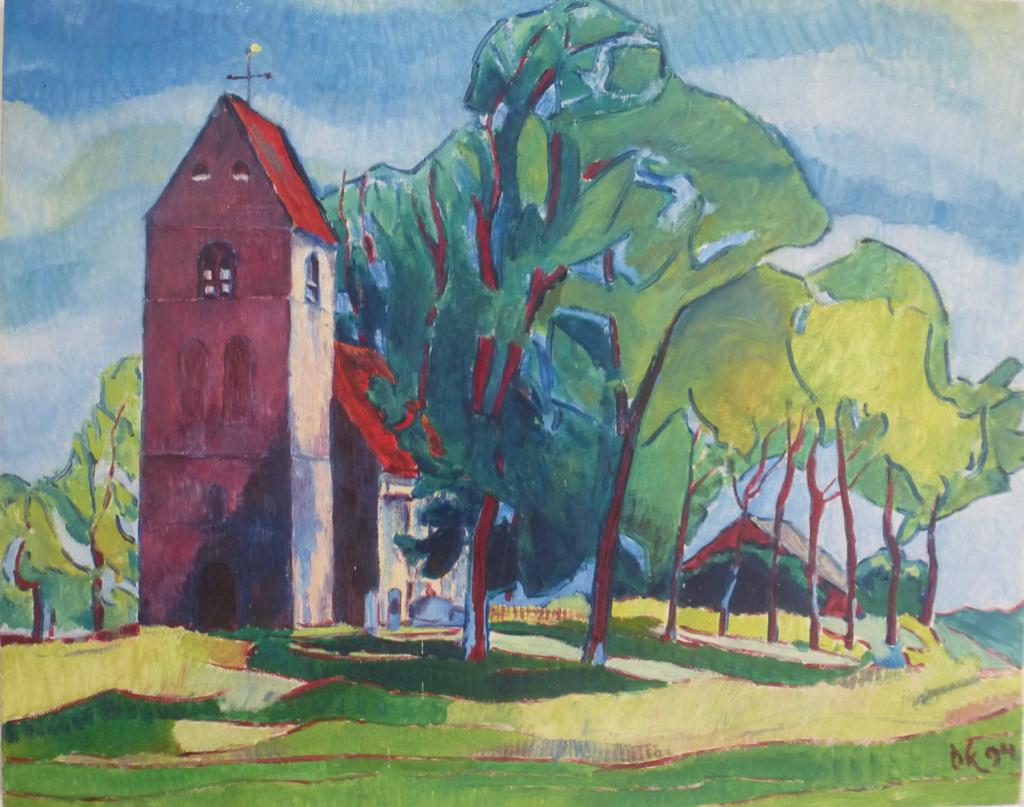 Modern kleurrijk schilderij kerk Groningen of Friesland, Ophalen of Verzenden