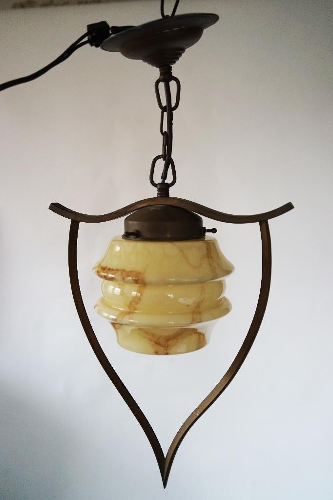 Antieke hal lamp hanglamp gemarmerd glas messing metaal., Antiek en Kunst, Ophalen of Verzenden