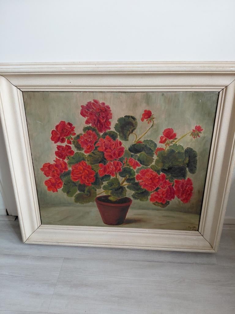 Stilleven geraniums oud schilderij, Ophalen