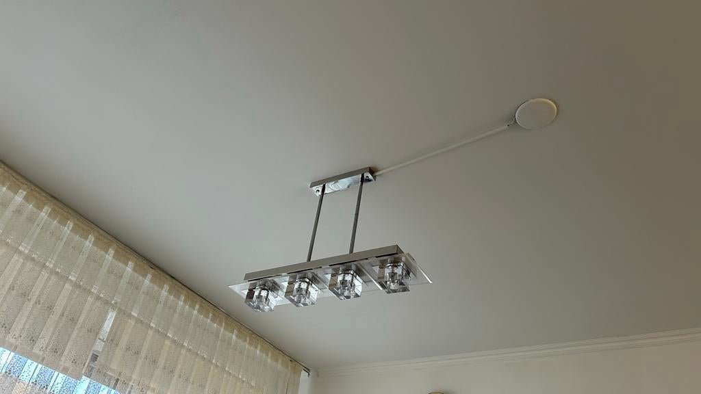 Moderne hanglamp met 4 glazen kubussen, Ophalen of Verzenden, Zo goed als nieuw, Glas