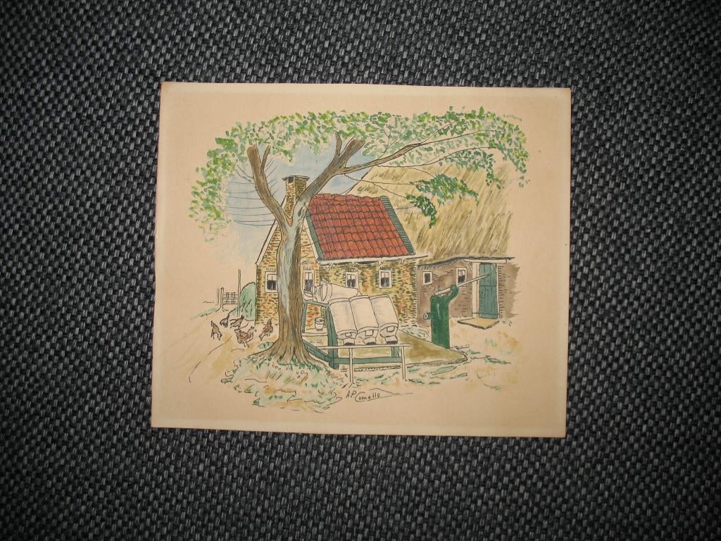 Tekening  Boerderij Huisje Gekleurd Mooi Vintage, Antiek en Kunst, Kunst | Tekeningen en Foto's, Ophalen of Verzenden