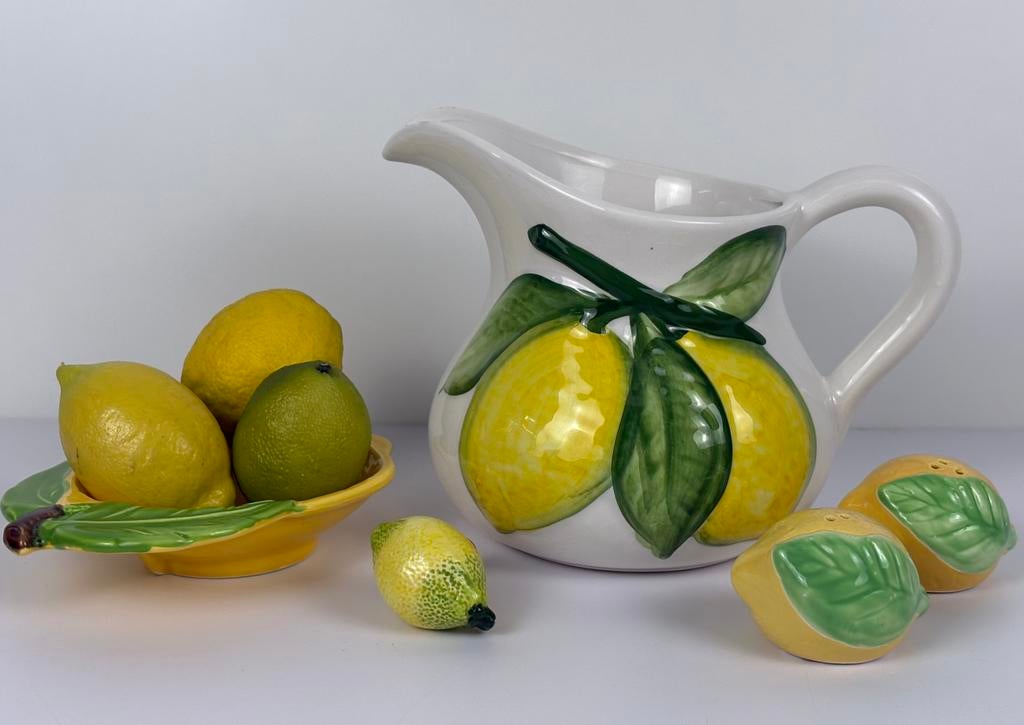 Vintage keramiek citroen set kan schaaltje peper zout kurk, Antiek en Kunst, Ophalen