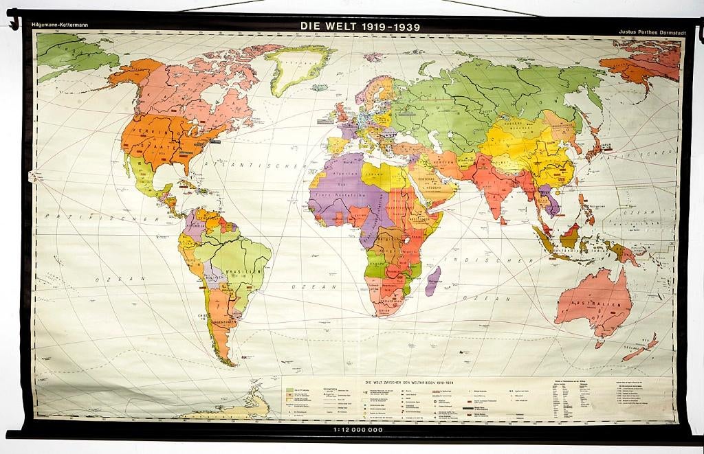 Vintage schoolwandkaart “Die Welt 1919–1939" –Justus Perthes, Antiek en Kunst, Antiek | Schoolplaten, Ophalen, Aardrijkskunde