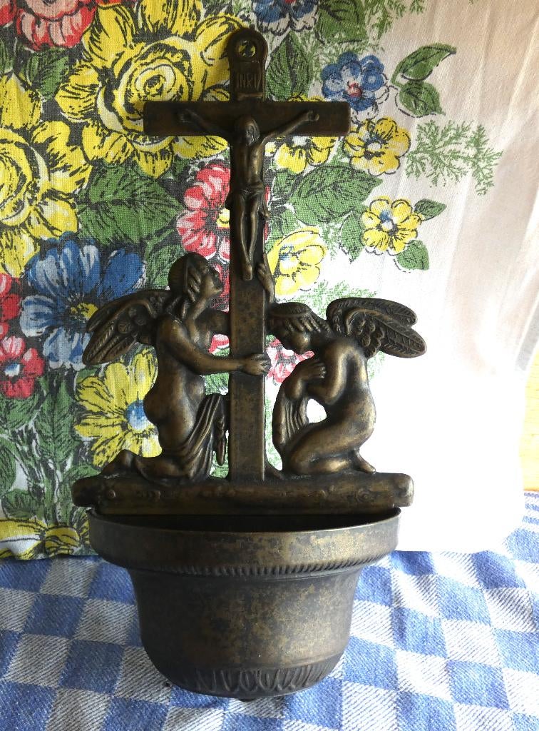 oude koperen wijwaterbak/ ornament religie/ kruisbeeld, Antiek en Kunst, Antiek | Koper en Brons, Ophalen of Verzenden, Koper