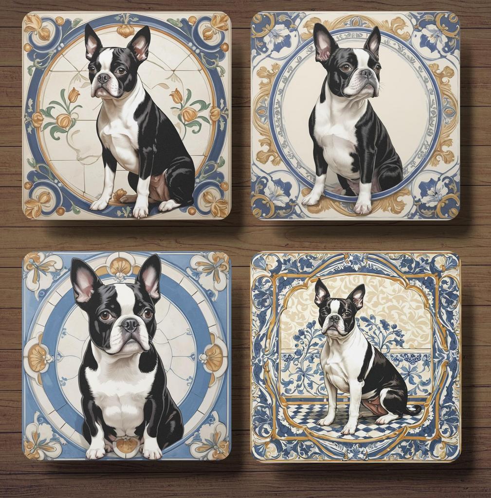 Boston Terriër Italiaans tegeltje onderzetters met houder, Huis en Inrichting, Woonaccessoires | Onderzetters, Nieuw, Glas of Kopje