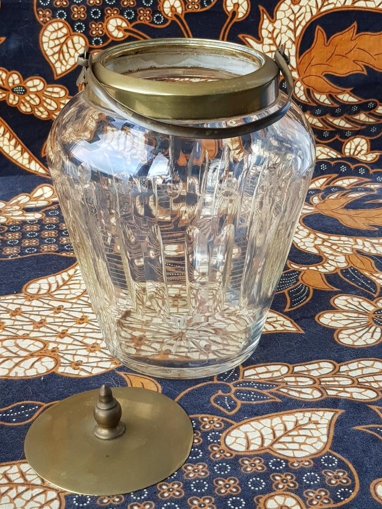 Mooie oude Engelse koekjespot van glas en koper 19 cm., Antiek en Kunst, Ophalen of Verzenden