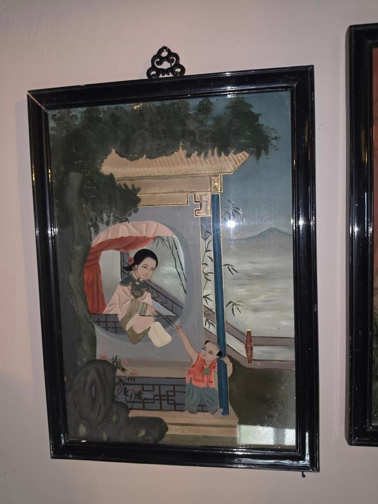 2 Antieke Chinese Schilderijen op Glas, Oosterse Kunst, Ophalen of Verzenden