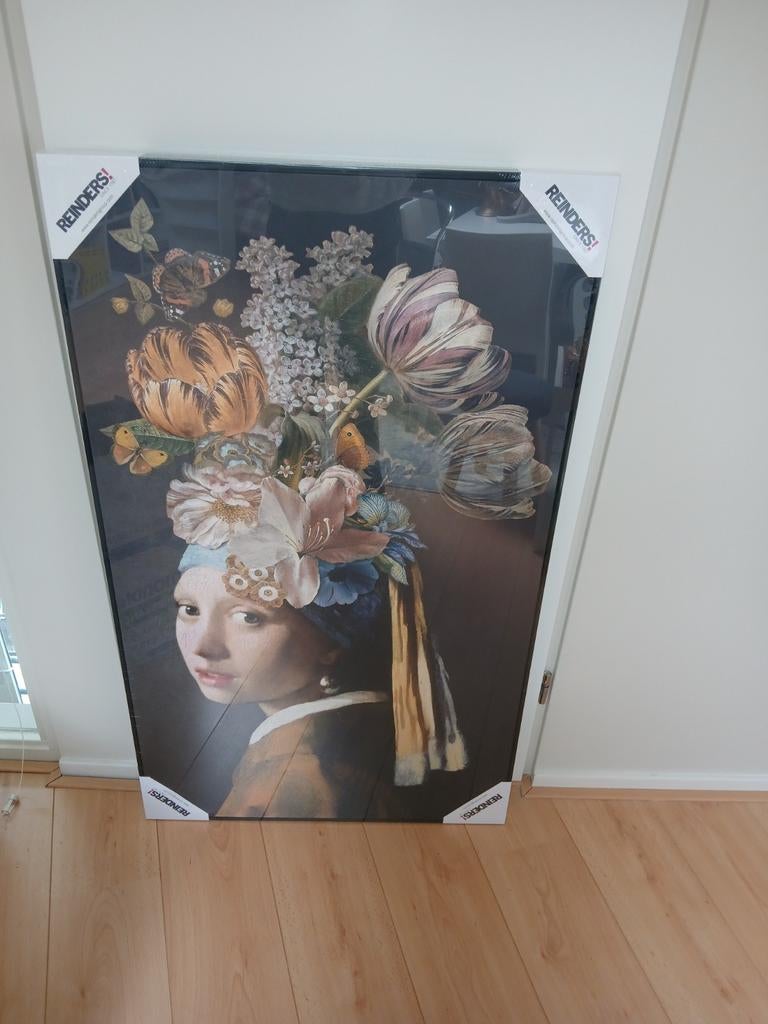 NIEUW: Grote plaat Meisje met de Parel met bloemen, Ophalen