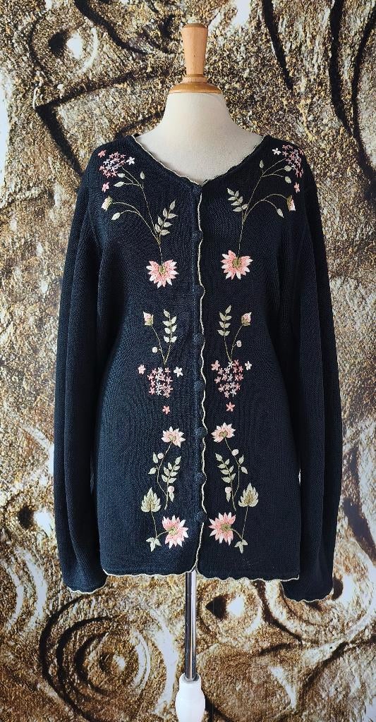 💖Prachtig 100% Baby Alpaca wollen bloemen vest XXL, Kleding | Dames, Zwart, Maat 46/48 (XL) of groter, Ophalen of Verzenden, Zo goed als nieuw