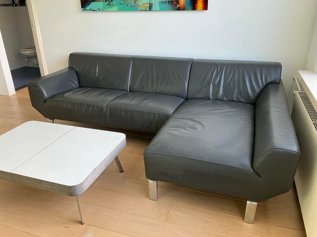 Pode/leolux bank, grijs leer, 250 tot 300 cm, Gebruikt, 100 tot 125 cm, Hoekbank