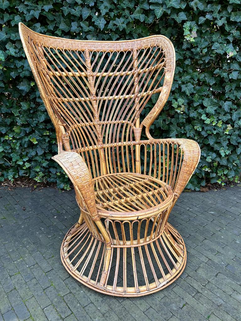 Vintage rotan pauwstoel origineel jaren 70, Ophalen, Gebruikt, Bruin, Riet of Rotan