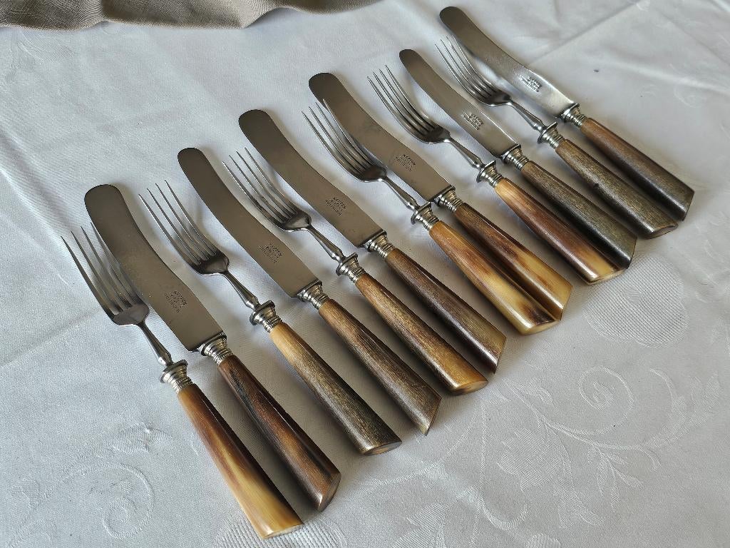 Antiek hoornen bestek 6 pers. voorgerecht messen + vorken, Ophalen of Verzenden